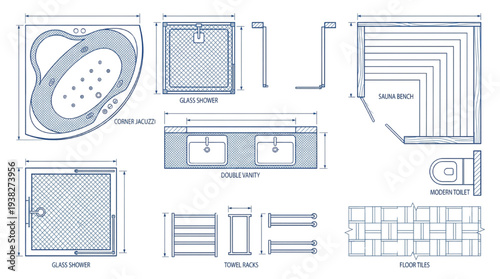 Top View Luxury Bathroom and Spa Fixtures Vector Set: Jacuzzi, Shower, Vanity, and Sauna Plan Symbols