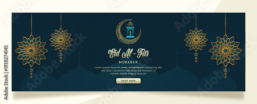 A beautiful Eid Al-Fitr Mubarak horizontal banner featuring golden lanterns, crescent moon, star, and paper-cut floral mandalas on a light beige background with mosque silhouettes