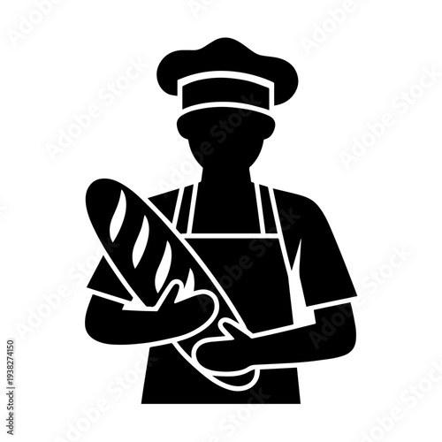 Black silhouette of baker holding bread, displaying a fresh baked baguette with minimalist design. Professional baker holding bread symbolizes bakery business, culinary craft.
