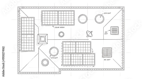 Top View Roof Plan Elements Vector Set: Solar Panels, Skylights, Chimneys, Vents, and AC Units Symbols