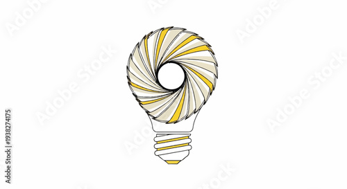 A stylized lightbulb illustration with swirling yellow lines on a white background, symbolizing creativity and idea generation from a front viewpoint