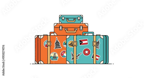 Traveling with Luggage and Suitcases Stacked High with Various Sticker Designs