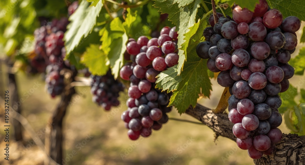 Fototapeta premium Close up of ripe red Sangiovese grapes on the vine in vineyard setting