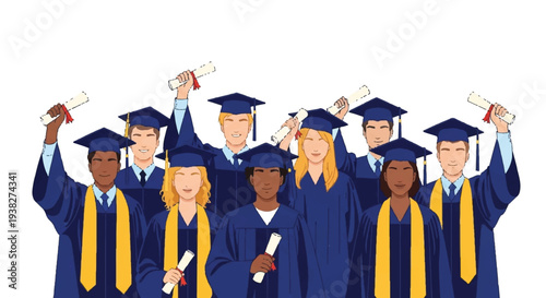 Group of diverse graduates in blue robes and yellow stoles celebrating achievement together, holding diplomas and caps aloft in triumph