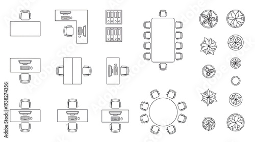Top View Office Furniture Symbols Set: Desks, Chairs, Computers, and Cubicles in Architectural CAD Style
