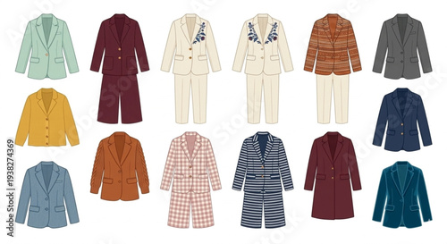 Vector set of professional blazers and formal suit jackets for women.
