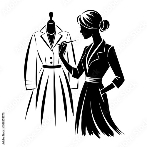 Simple silhouette of fashion designer sketching clothing, elegant woman with pencil near mannequin displaying jacket and skirt. Fashion designer sketching process captures apparel design.