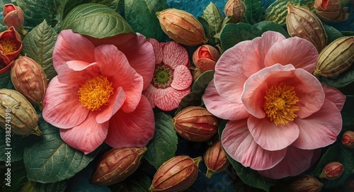 Wallpaper Mural Camellia flowers and seed pods combined in colorful botanical art collage Torontodigital.ca