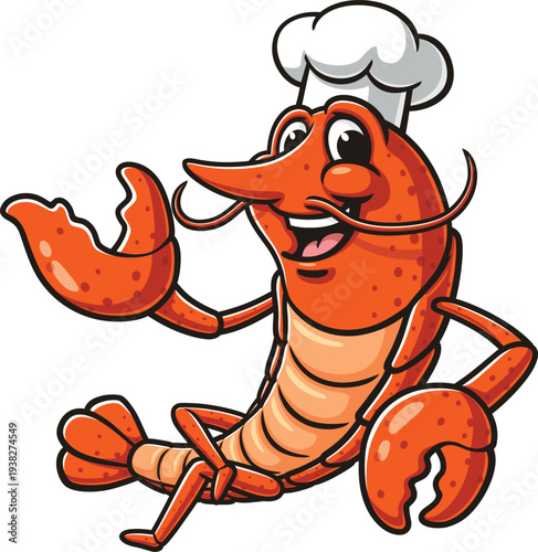 Lobster mascot cartoon relaxing and wearing a chef's hat