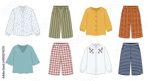 Vector collection of women's blouses and culottes pants with various patterns.
