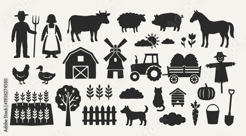 Farm silhouette collection. Black icons set - farmer, cow, sheep, pig, horse, chicken, barn, tractor, windmill, scarecrow, fence, beehive, bucket. Vector linocut style minimalist design elements.
