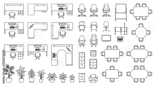 Top View Office Furniture Symbols Set: Desks, Chairs, Computers, and Cubicles in Architectural CAD Style
