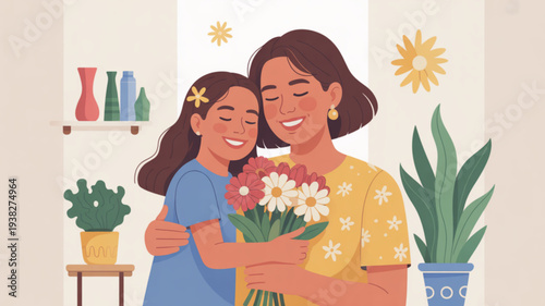 Mother and daughter sharing a warm hug with flowers in a cozy home setting with plants