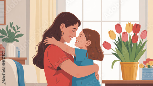 Mother and daughter sharing a warm hug in a cozy living room with flowers