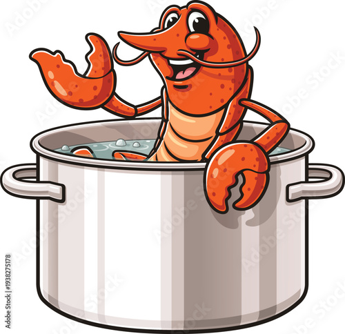 Cartoon lobster mascot soaking in a boiling pot