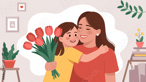 Mother and daughter sharing a warm hug with bouquet of tulips in a cozy home setting with plants and books
