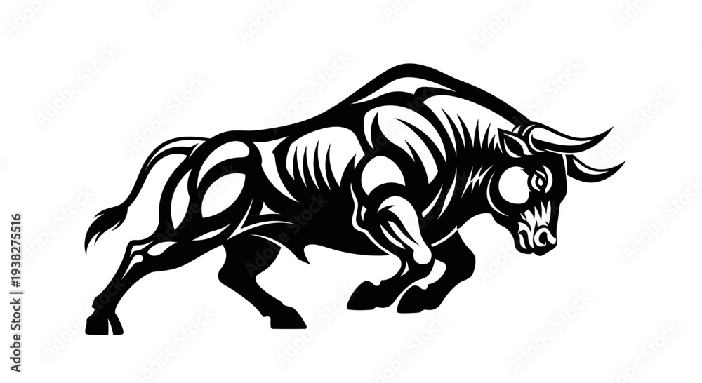 Fototapeta premium Black and White Bull Illustration Charging Forward.