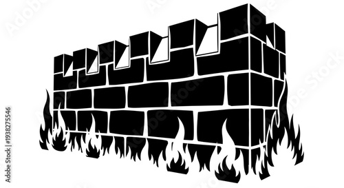Black Brick Wall with Flames Burning.