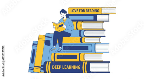 A person sitting on a stack of books reads a yellow book, surrounded by books on learning and reading, in a calm environment, from a front viewpoint.
