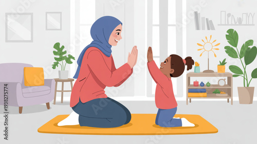 Woman wearing blue hijab and child high five in living room with yellow rug and plants