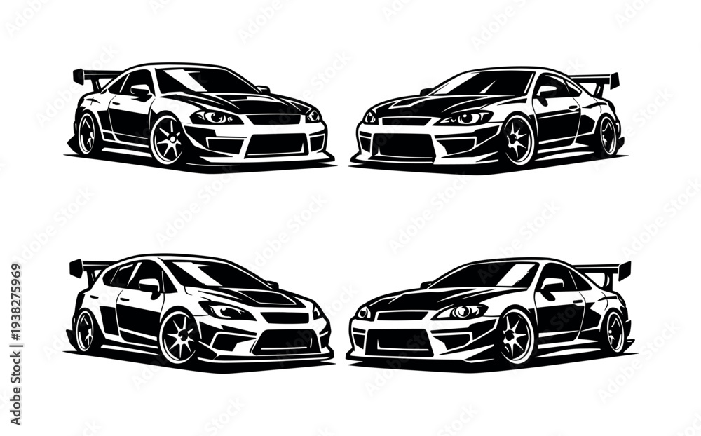 Fototapeta premium Black and white vector illustration of four sport cars in silhouette style
