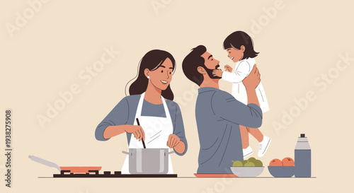 Family Cooking Together with Baby in Kitchen.