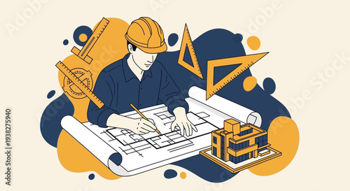 Engineer Working on Architectural Blueprint Design.