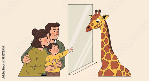 Family with Child Pointing at Giraffe Illustration.