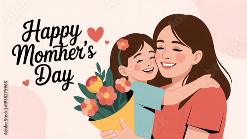 Mother and daughter embracing with flowers happy mother's day gift