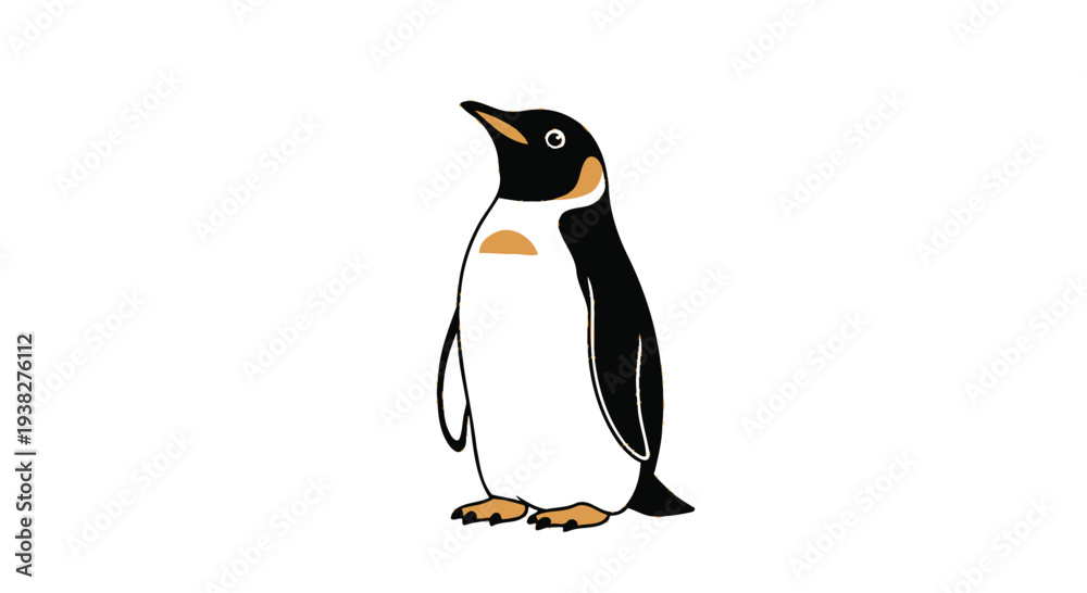 Fototapeta premium Small penguin stands in profile view with simple line art against a stark white background for easy editing.