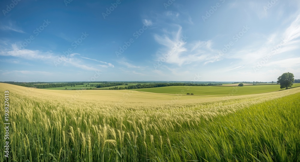 Fototapeta premium Relaxing buckwheat field panorama with pristine sky above