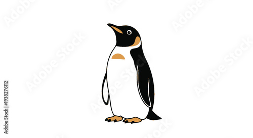 Small penguin stands in profile view with simple line art against a stark white background for easy editing.