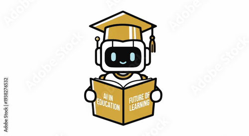 Robot character wearing graduation cap holding book from front view