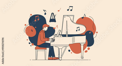 Man Playing Grand Piano with Music Notes.