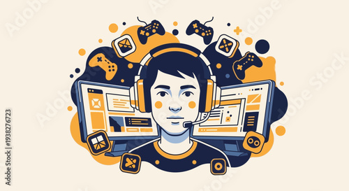 Man Wearing Headphones with Computer Screens.