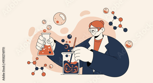 Scientist Conducting Experiment with Chemicals and Equipment.