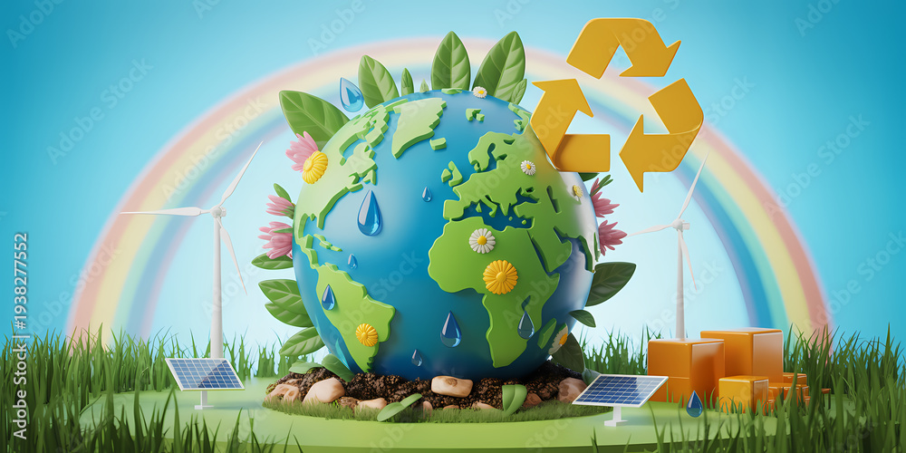 Naklejka premium Eco friendly earth with leaves and recycling symbol, green technology