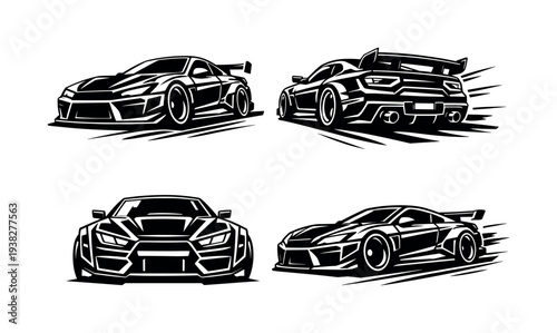 Black and white vector silhouette set of four racing cars illustrations