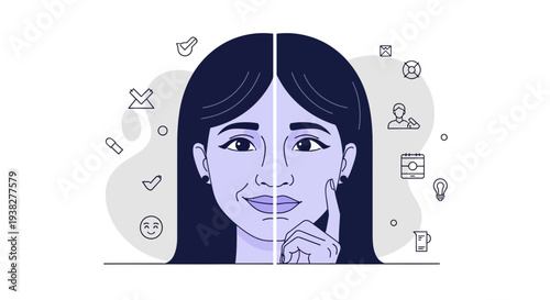 Woman Cartoon Character Thinking Deeply Facial Expressions.