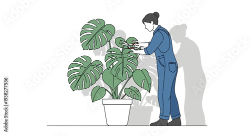 Woman in blue uniform tending large potted plant.