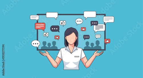 Woman holding tablet with social media icons.