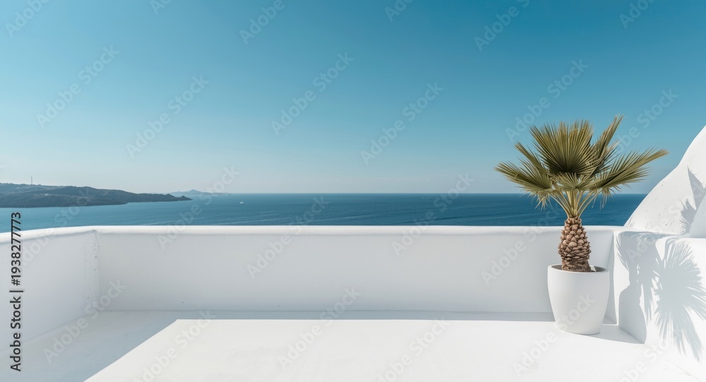 Fototapeta premium Bright white coastal terrace with potted palm in minimalist style overlooking the ocean and blue sky copy space