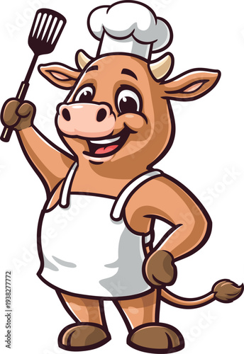 Cartoon cow mascot wearing chef uniform and equipment