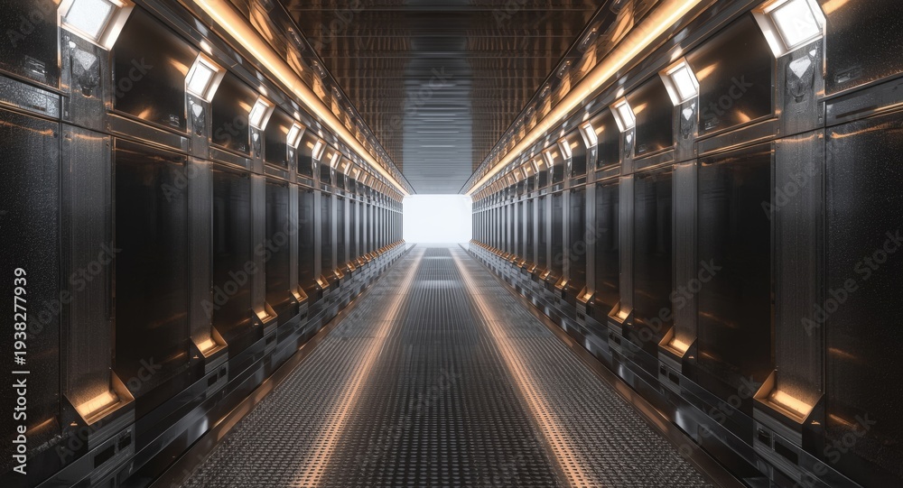 Obraz premium Conceptual illustration of a metallic hallway with glowing light reflections and textured shadow detailing on floor