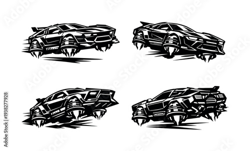 Futuristic flying car silhouette set, black and white vector illustration of vehicles