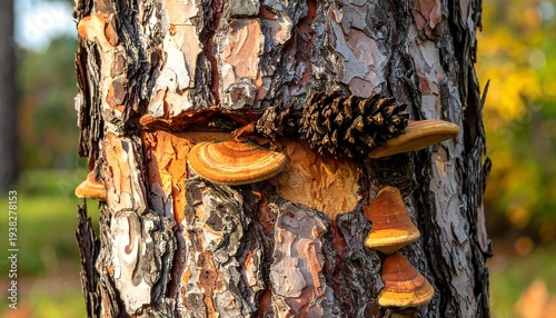 Tree trunk detail with fungi and pinecone, textured bark, warm lighting, shallow focus and blurred background