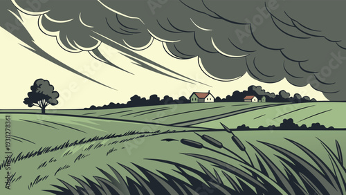 Minimalist vector illustration of a farmhouse and green rolling fields under a dark dramatic stormy sky