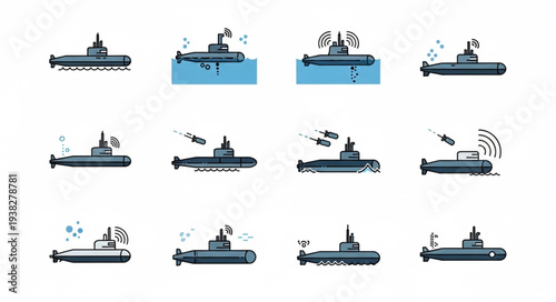 Submarine Icons Set Vector Illustration.