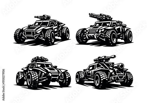 Four black and white armored vehicles silhouette illustrations in vector style