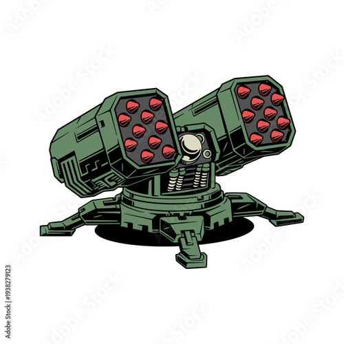 Futuristic Missile Launcher Turret Illustration. Military Rocket Defence Vector Design. Protection and Safety Weapon